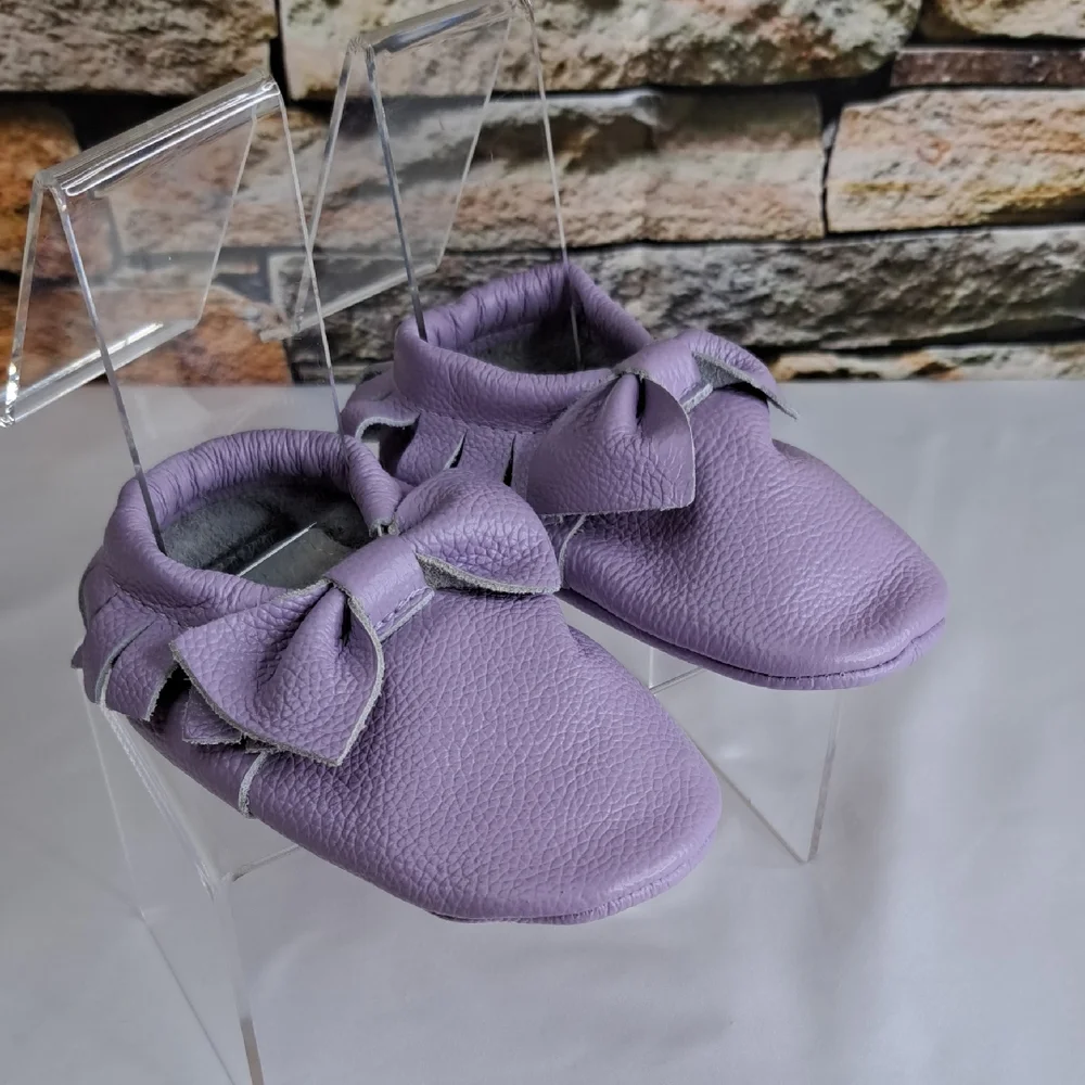 Lilac Bow Leather Moccasins Soft Slip-On Shoes New